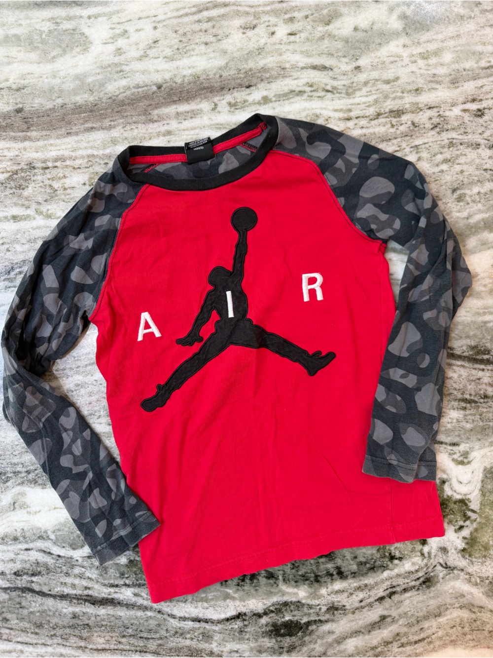 Jordan Red Front with Gray Camo Raglan Long Sleeve Tee